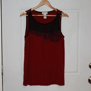 SALE: Carmen Marc Valvo Deep Red w/ Black Embroidery Sleeveless Shirt Size L